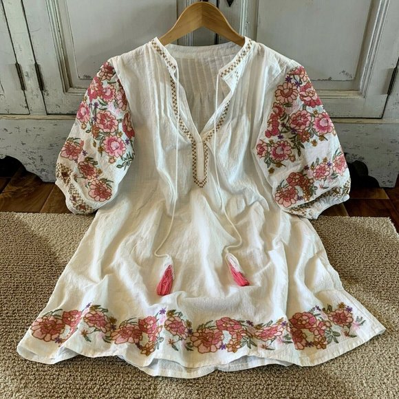 New Embroidered Boho Vintage Tassel Tunic Dress - Picture 2 of 6